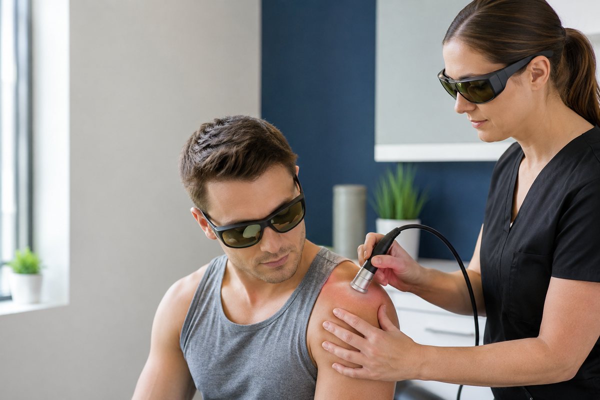 Class IV laser therapy applied to a patient's shoulder, both wearing protective eyewear
