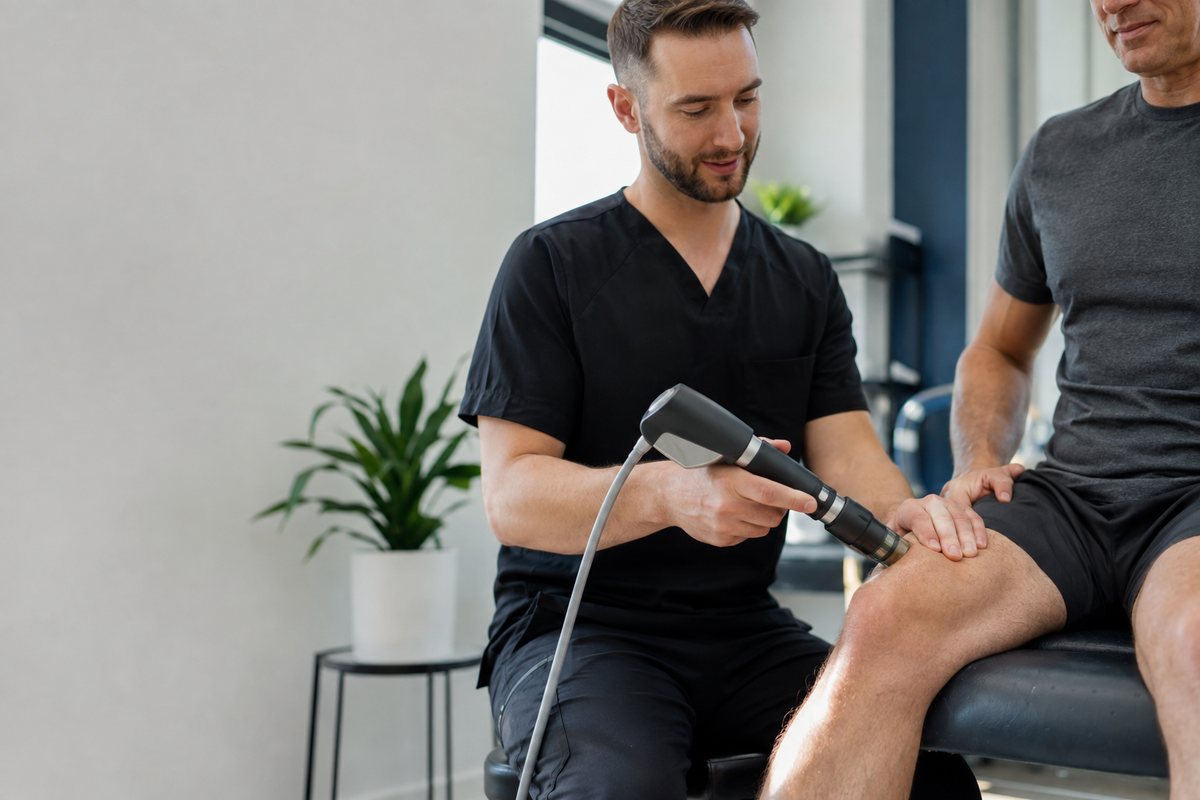Shockwave therapy handpiece applied to a patient's knee during treatment
