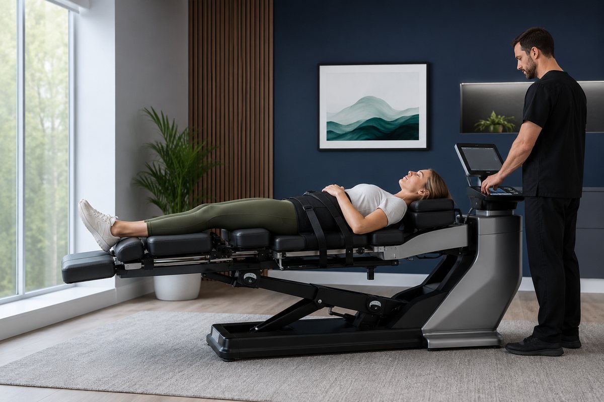 Patient on a computer-controlled spinal decompression table during treatment